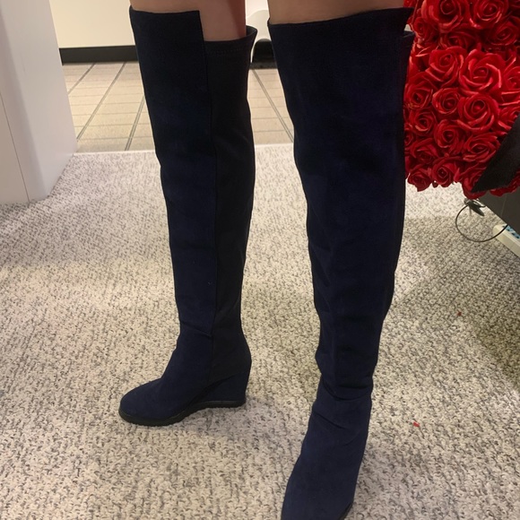 Stuart Weitzman Navy Blue Wedge Over-the-knee Boots - Picture 4 of 8